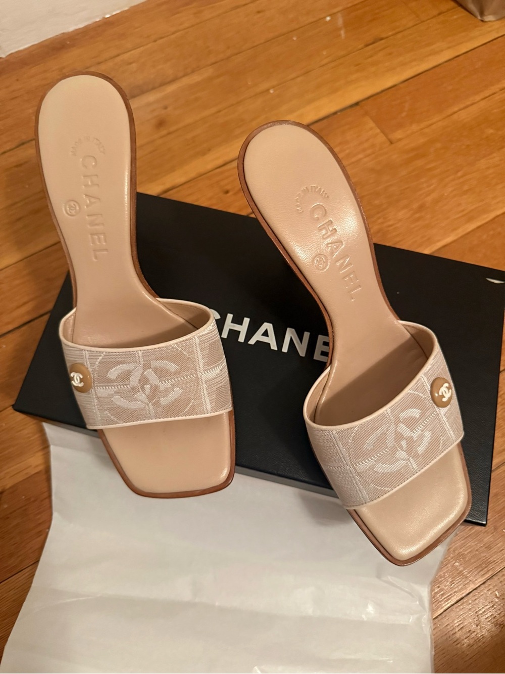 Chanel Beige Square Toe CC Fabric Heels (IT 38)